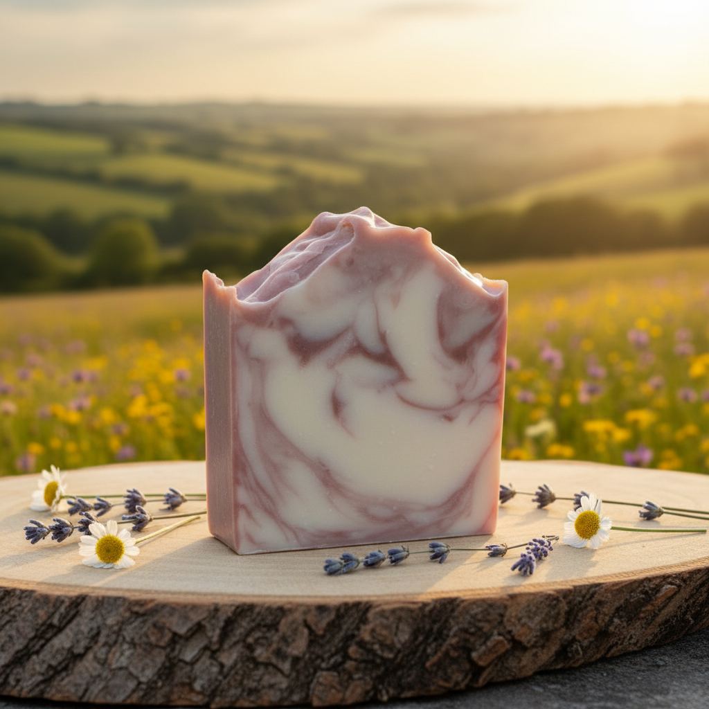 Juniper, Cedarwood & Lime Soap on countryside background
