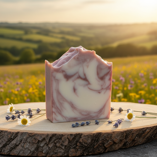 Juniper, Cedarwood & Lime Soap on countryside background