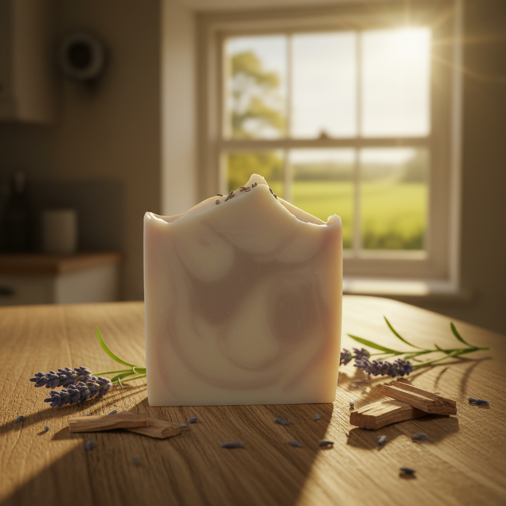 Handmade Lavender and Cedarwood soap bar on a rustic oak table with golden light through a cottage window and green fields beyond