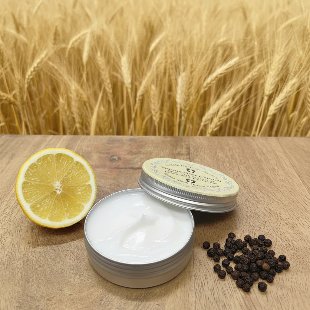 Suffolk Cottage Soapery Vegan Foot Cream tin open with lemon slice and black pepper, golden wheat field background
