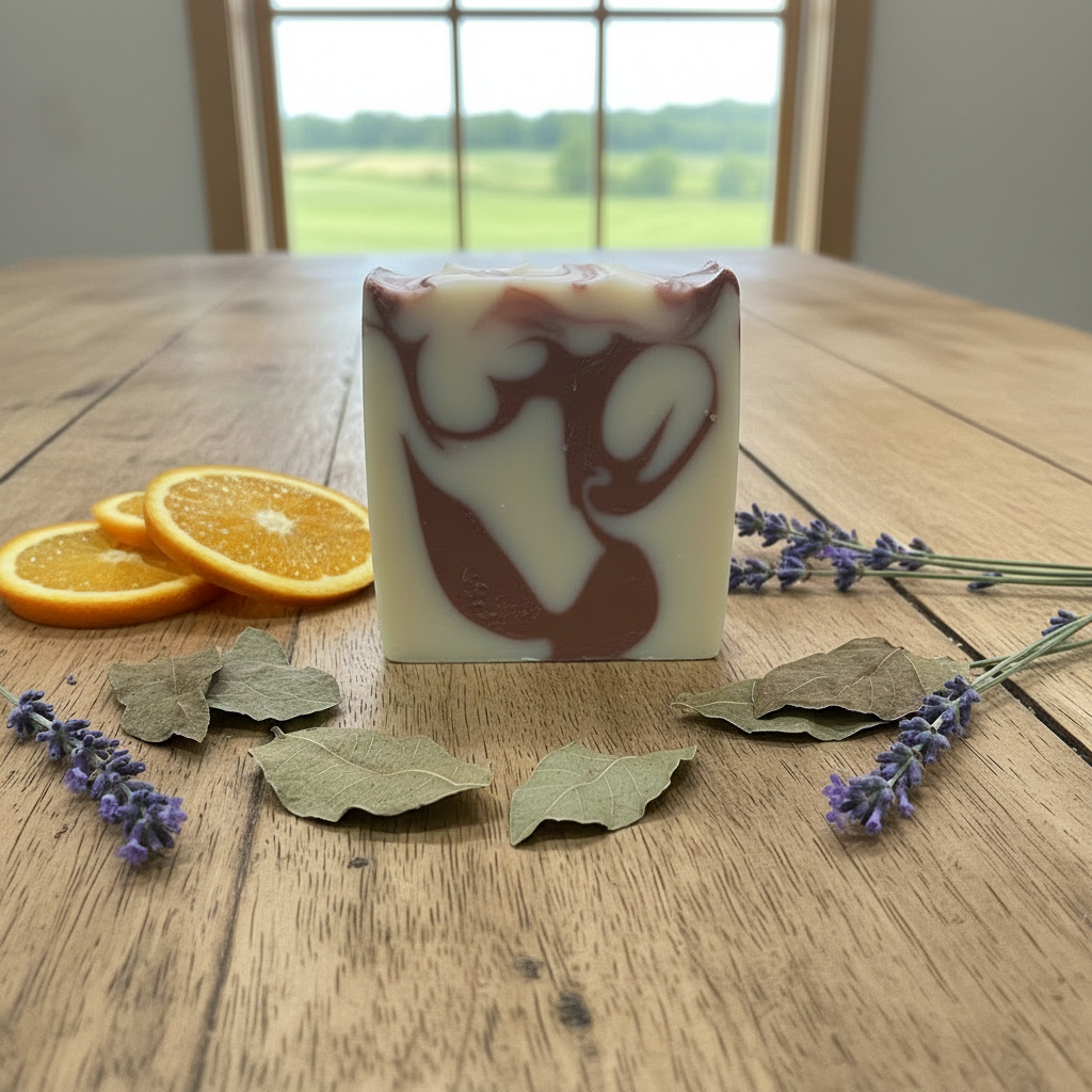 Handmade Orange, Patchouli & Lavender soap bar on a rustic kitchen table with window view of green fields