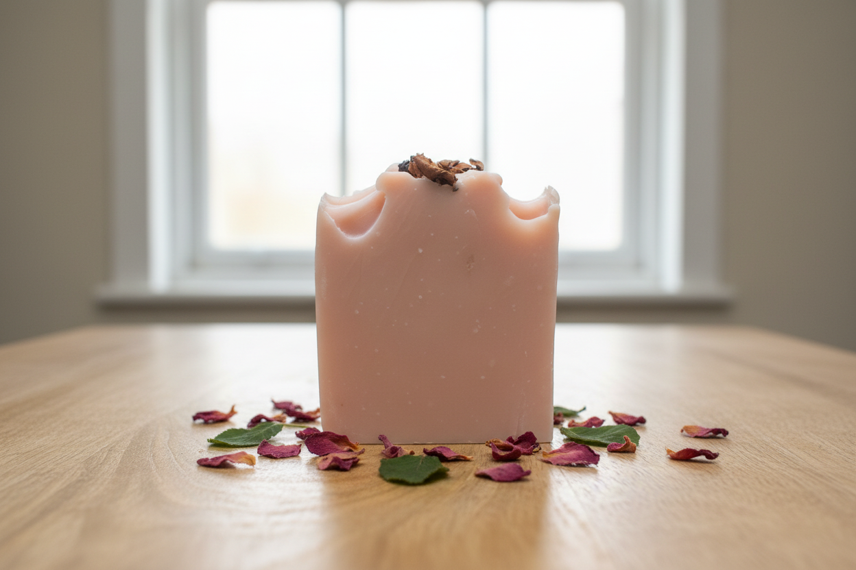 Rose Geranium Soap on Oak Table